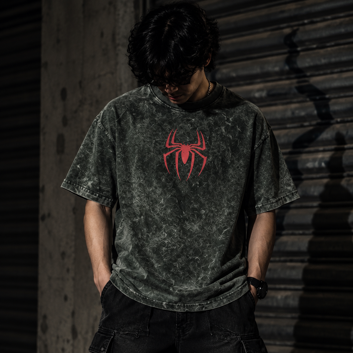 DODGE Spiderman graphic Tshirt- acid wash denim