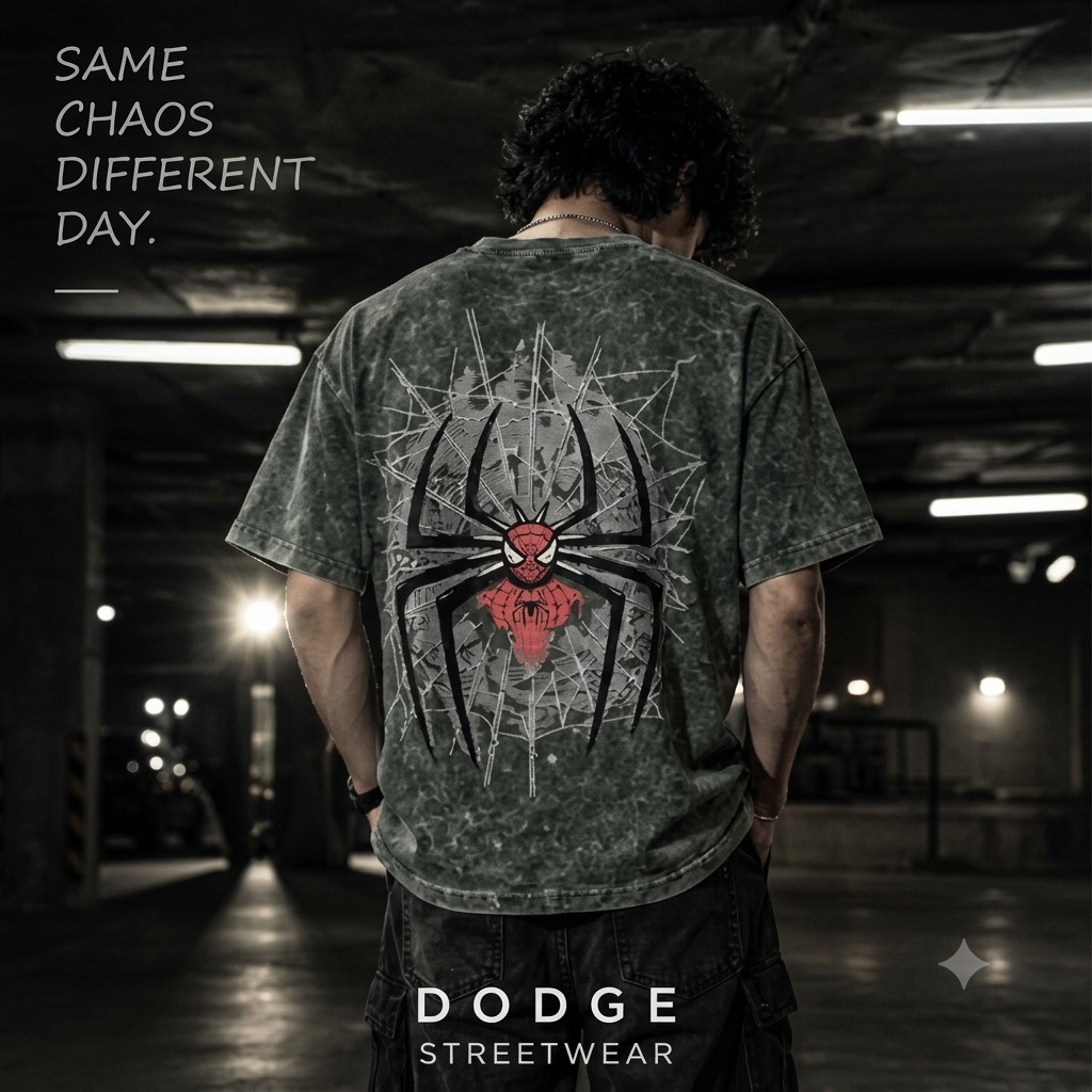 DODGE Spiderman graphic Tshirt- acid wash denim